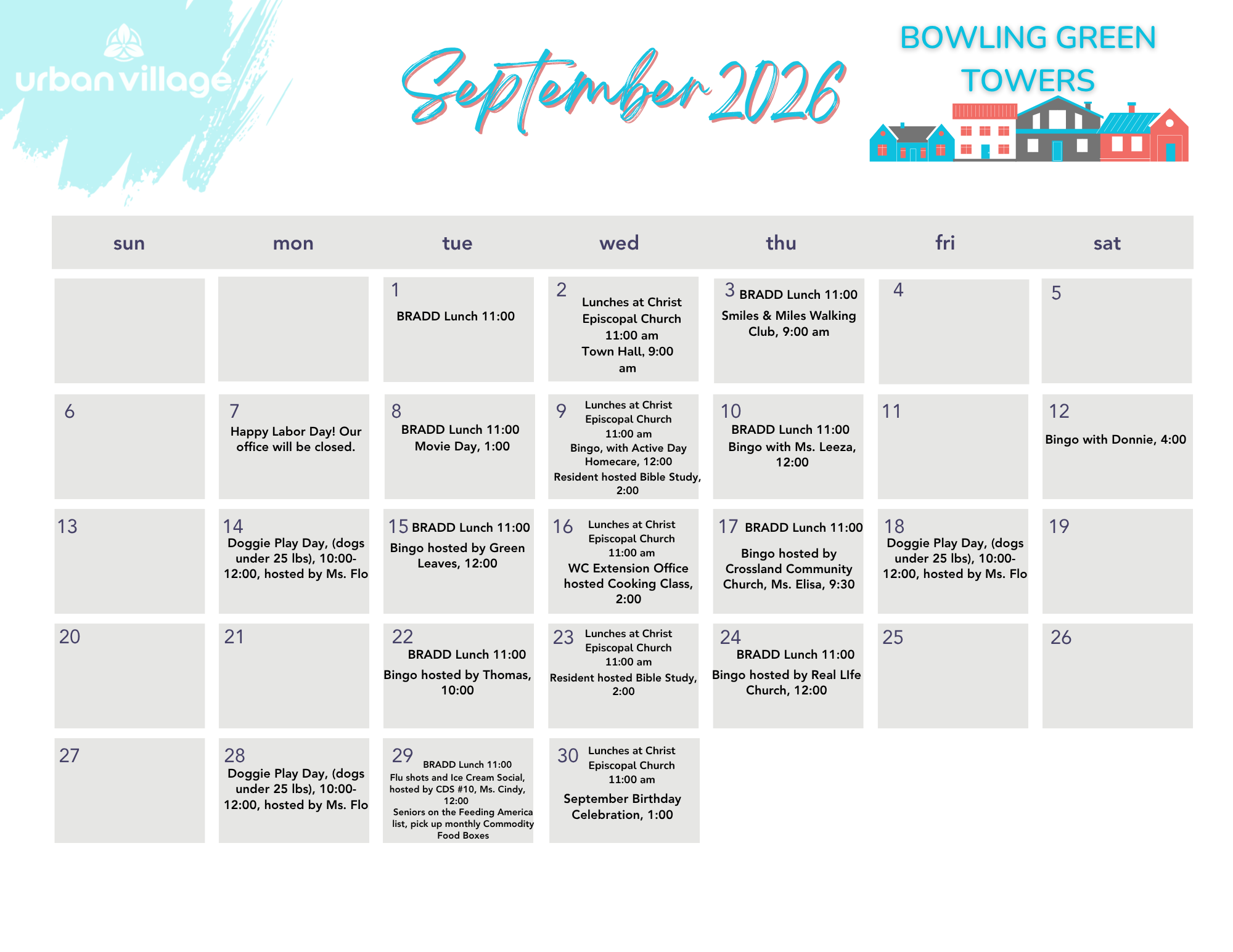 Event calendar for September 2026 at Bowling Green Towers with scheduled activities and gatherings.