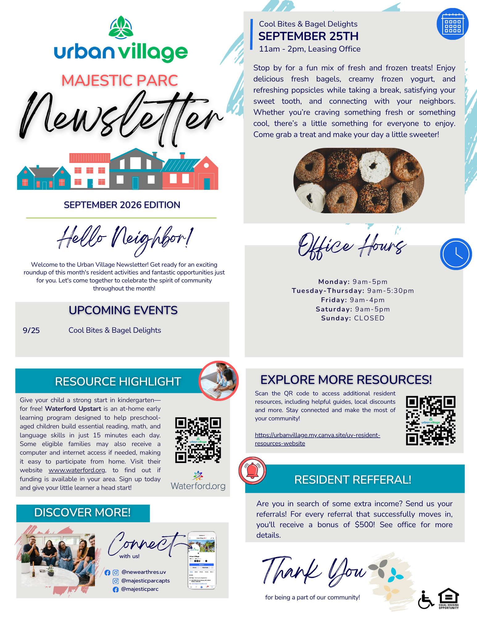 Newsletter featuring upcoming events at Majestic Parc, including office hours and a community event called Cool Bites & Bagels.