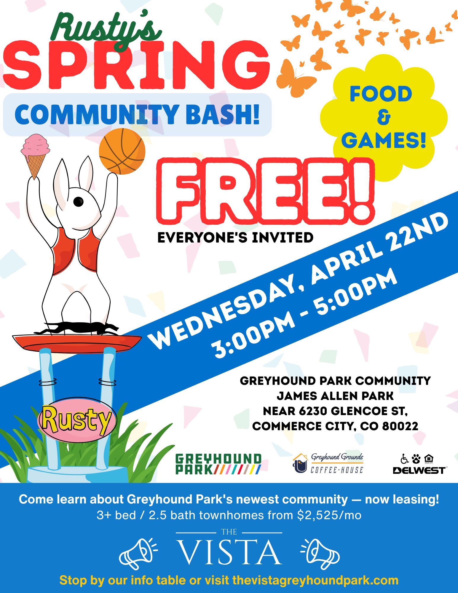A colorful event poster for Rusty's Spring Community Bash featuring a cartoon rabbit with a basketball. The poster includes details about the event, such as the date, time, location, and a note that it's free and open to everyone. The background has playful graphics and a friendly invitation tone.
