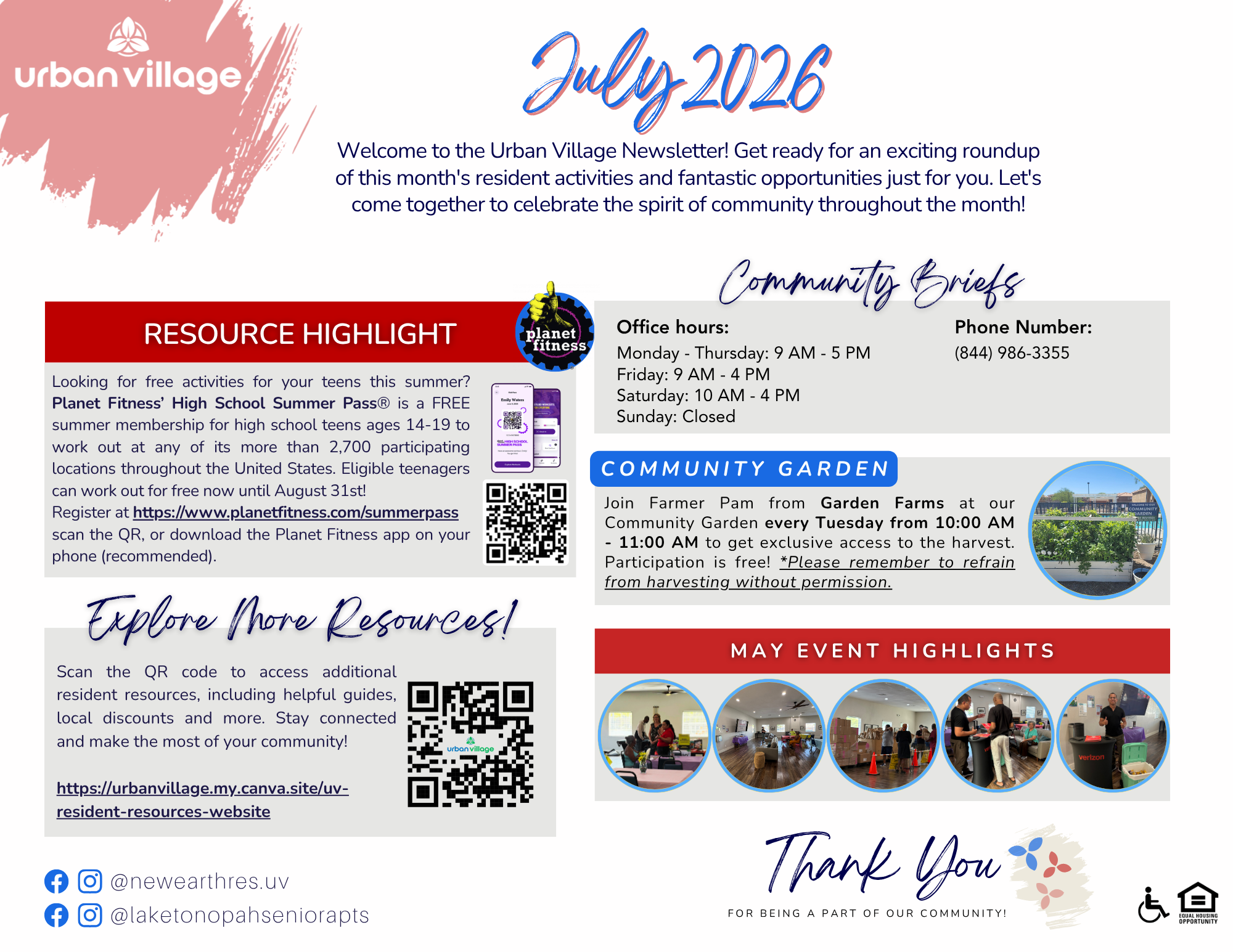 July 2026 Urban Village Newsletter with resource highlights, community briefs, and event details.