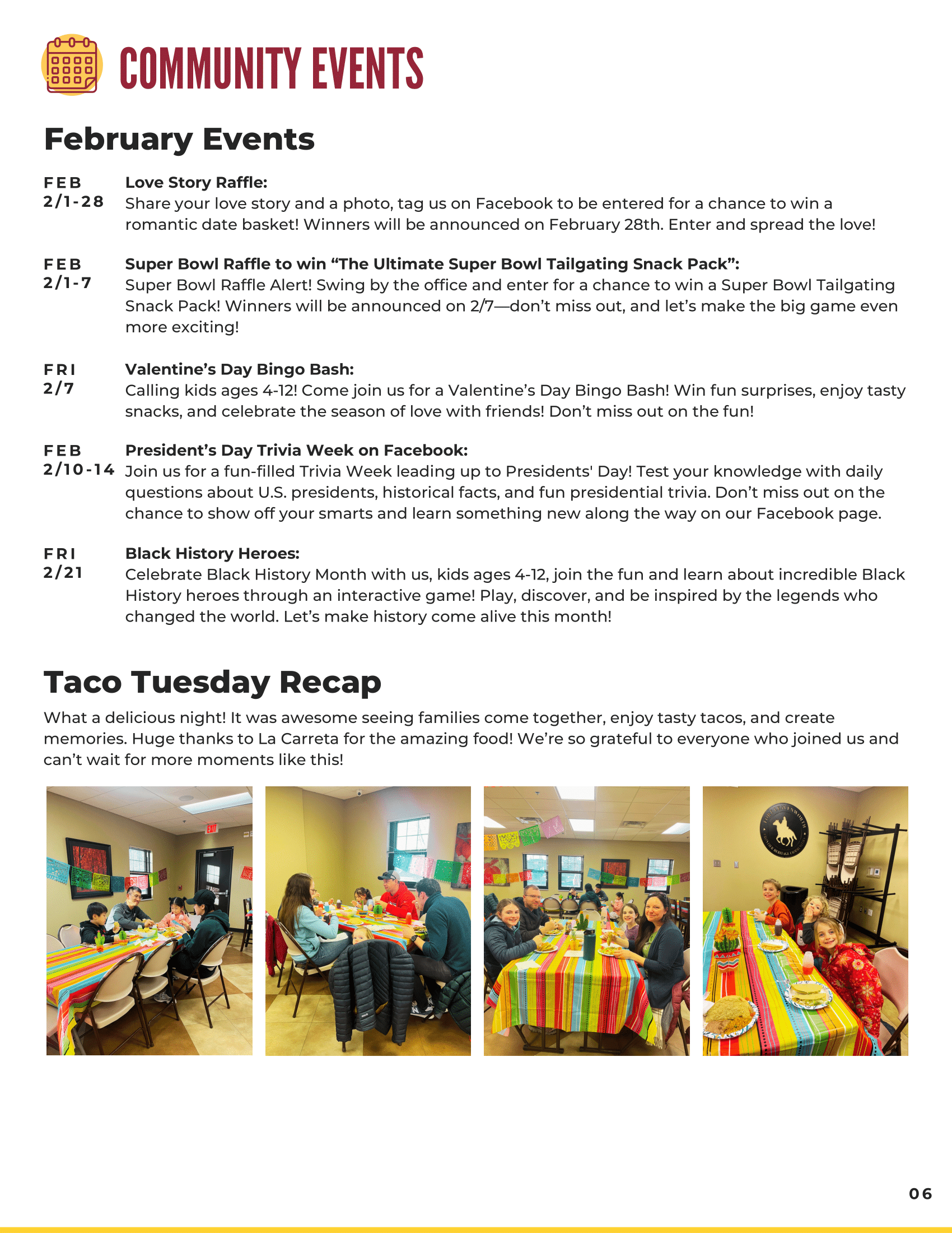 A colorful flyer listing community events for February, including Love Story Raffle, Super Bowl Raffle, Valentine's Day Bingo Bash, Presidents' Trivia on Facebook, and Black History Month activities.