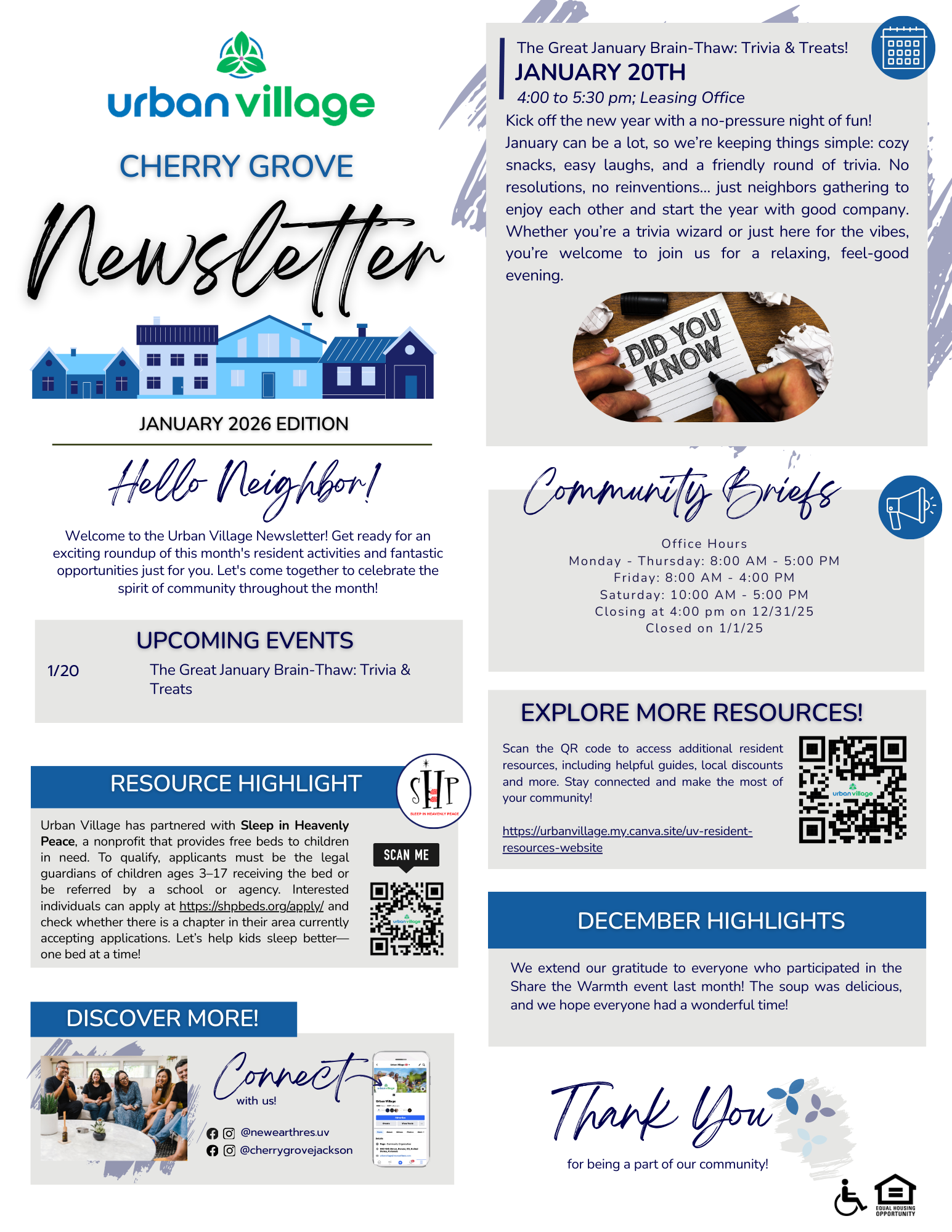Newsletter for Urban Village Cherry Grove, January 2026 edition announcing community events and resources with a welcoming message.