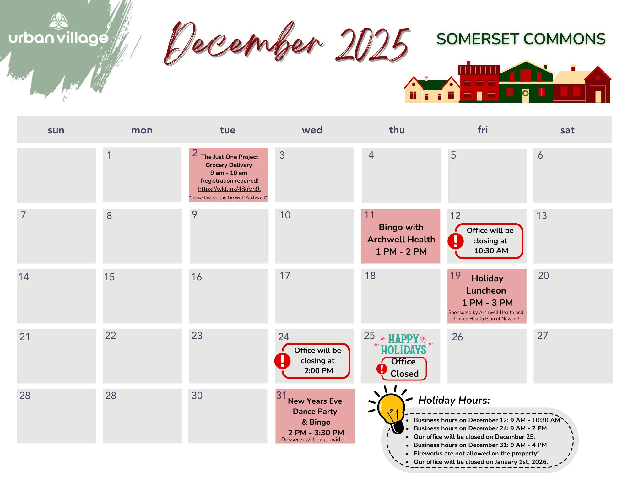 A calendar for December 2025 featuring events at Somerset Commons, including holiday celebrations and office hours.