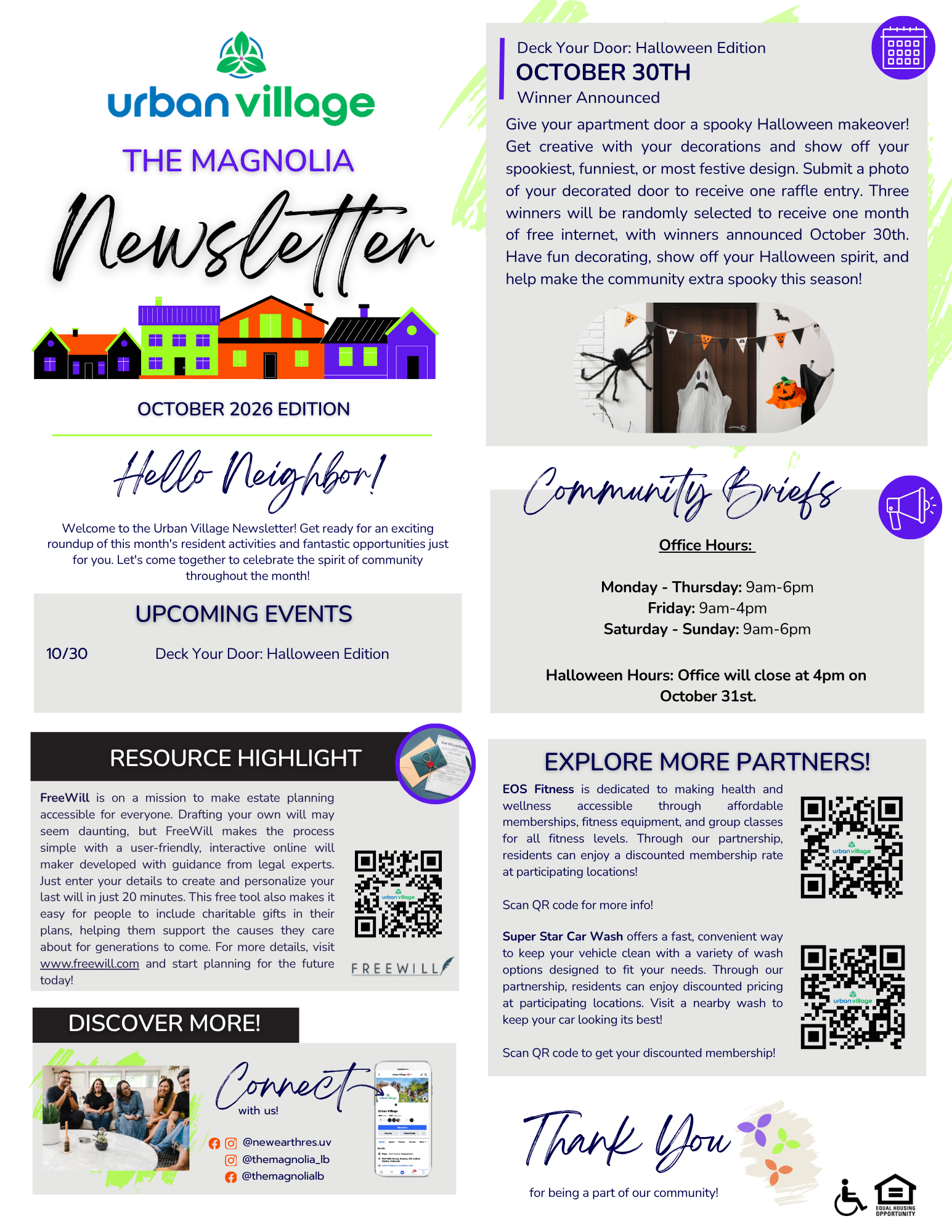A community newsletter featuring information about a Halloween event, upcoming events, resource highlights, and community briefs.