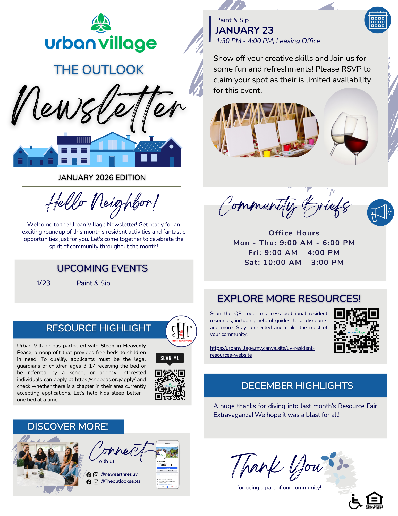 A community newsletter titled 'The Outlook' for Urban Village, January 2026 edition. It features event details for a 'Paint & Sip' on January 23, along with office hours, resource highlights, and community briefs. Images include a painting palette and wine glasses.