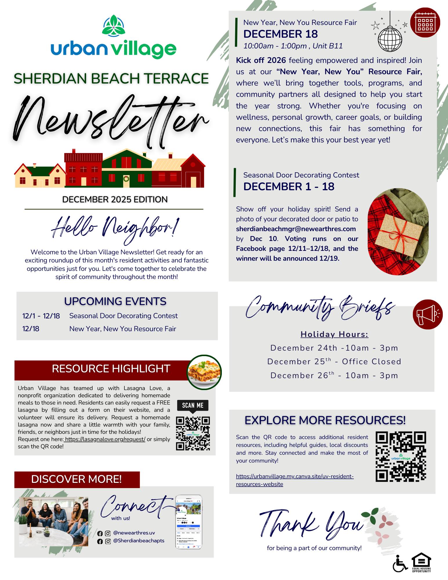 Newsletter for Sheridan Beach Terrace featuring upcoming events, resource highlights, and holiday hours.