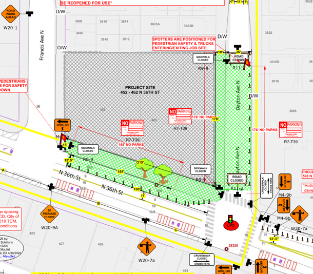 A detailed construction site map showing the project site at 452 - 462 N 36th St, including designated areas for trucks, pedestrian safety zones, and no parking notices.