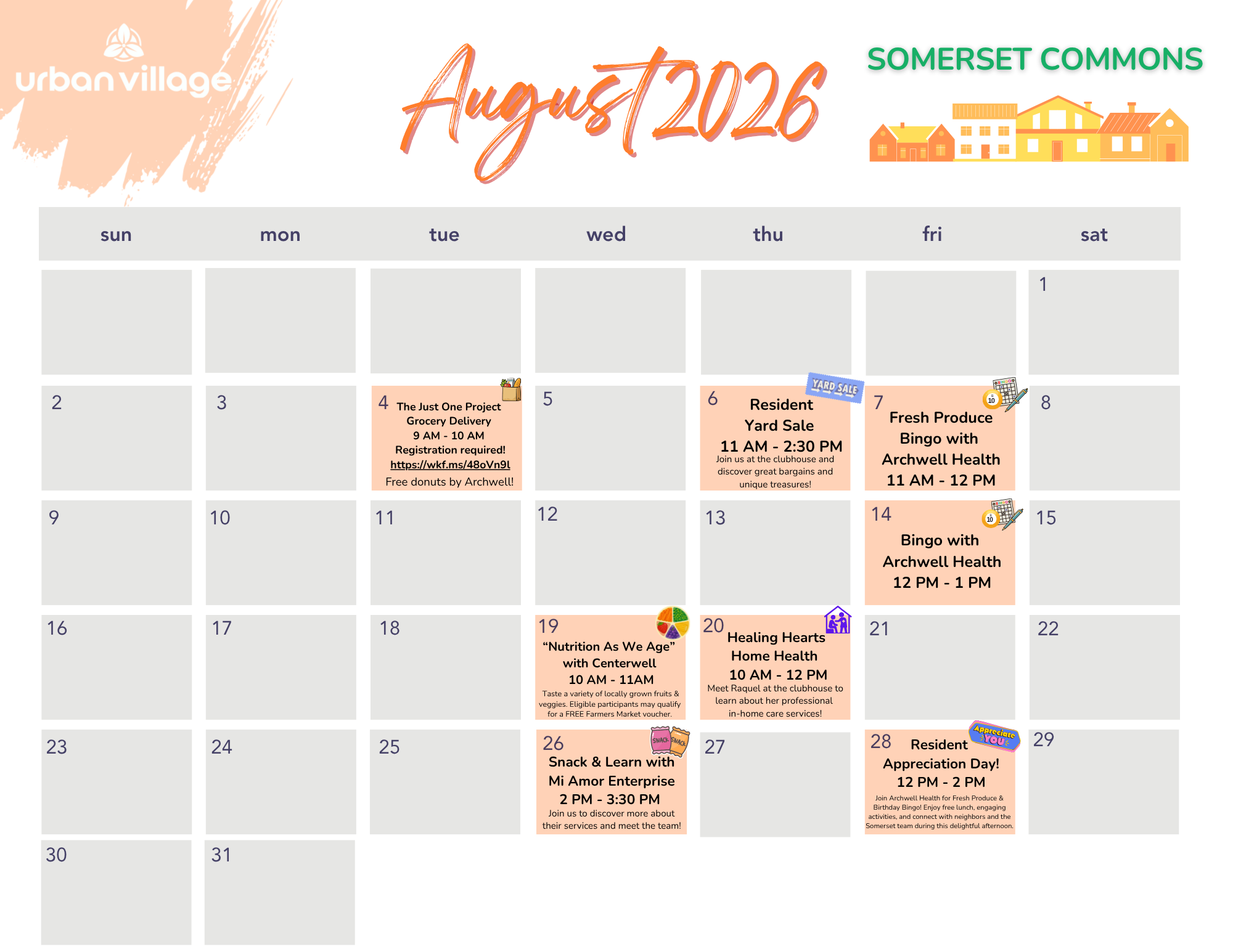 A calendar for August 2026 featuring community events at Somerset Commons.