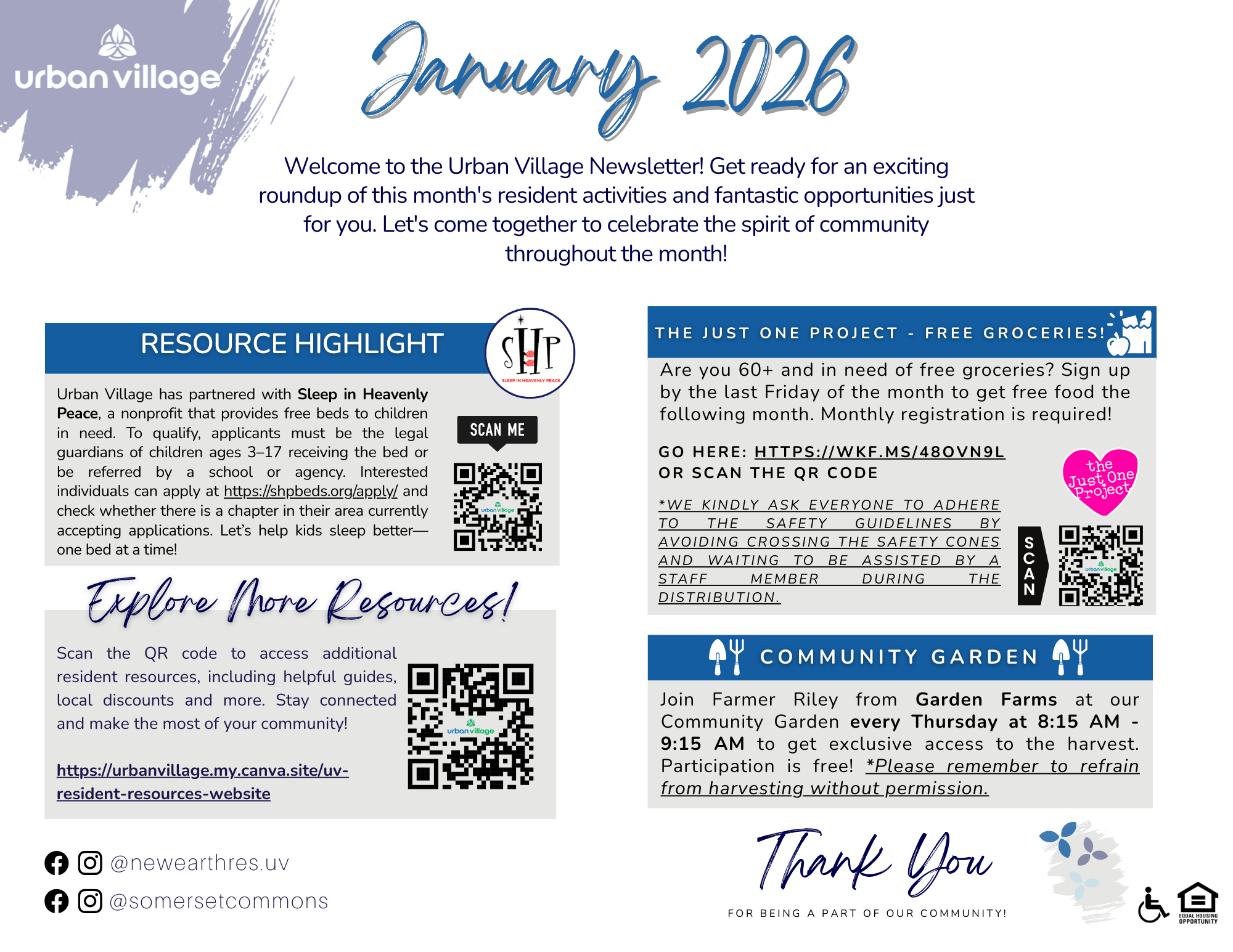Newsletter for Urban Village featuring community highlights, resources, and activities for January 2026.