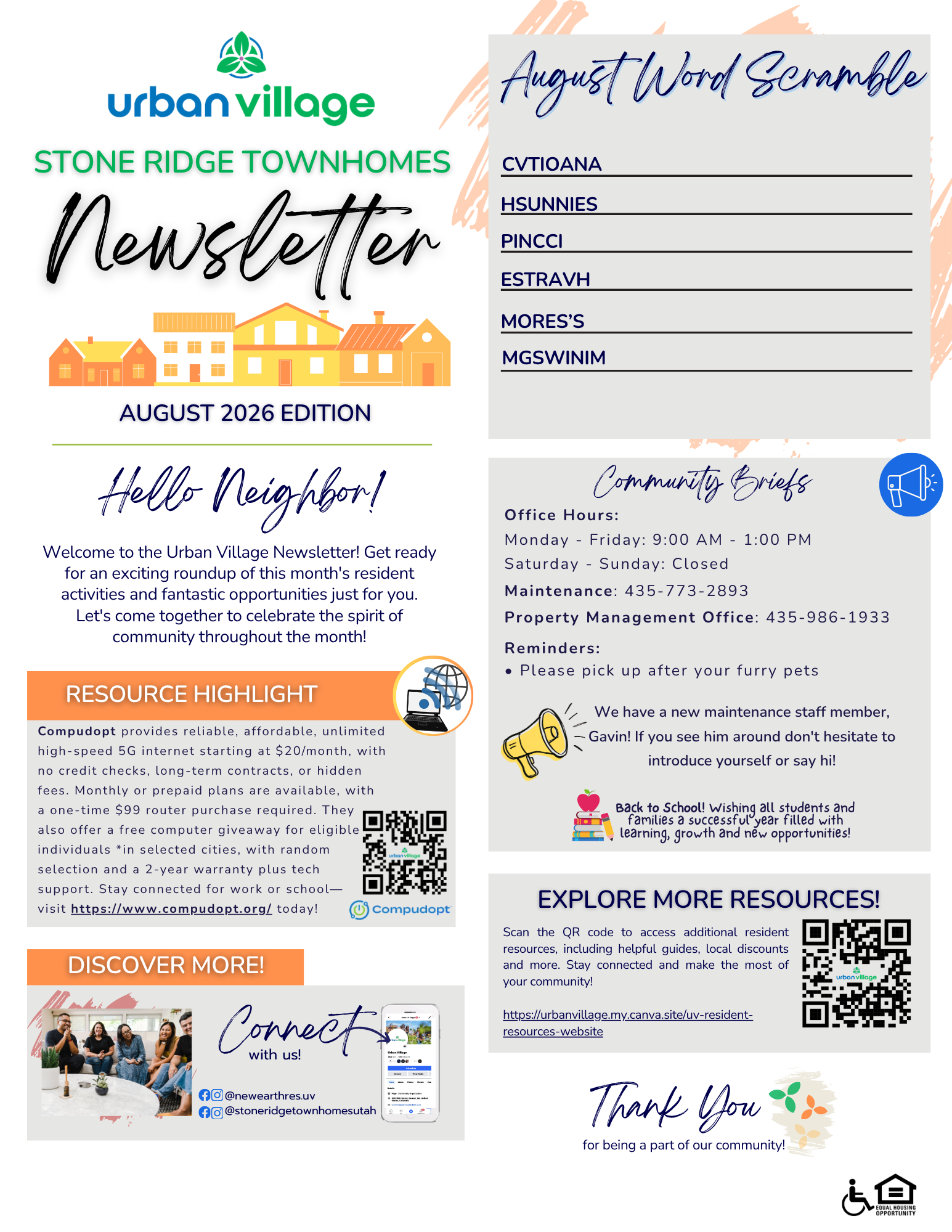 Newsletter for Urban Village Stone Ridge Townhomes for August 2026, featuring news, community events, and resources.