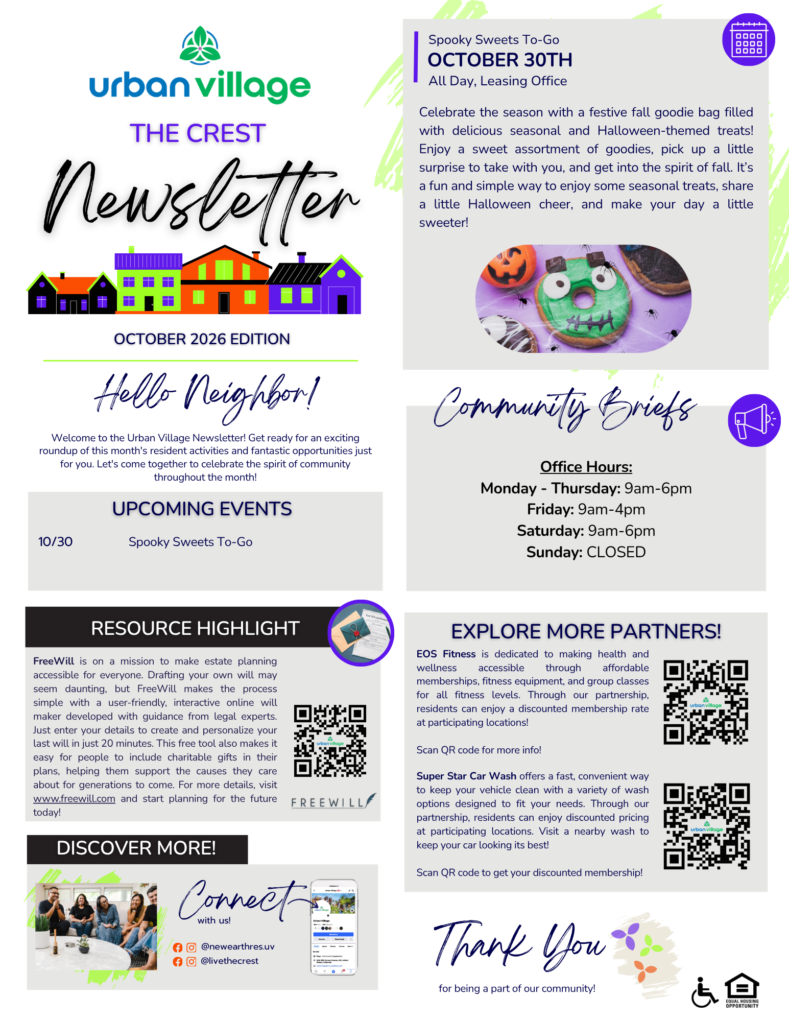 Newsletter for Urban Village titled 'The Crest' featuring community events and resources.