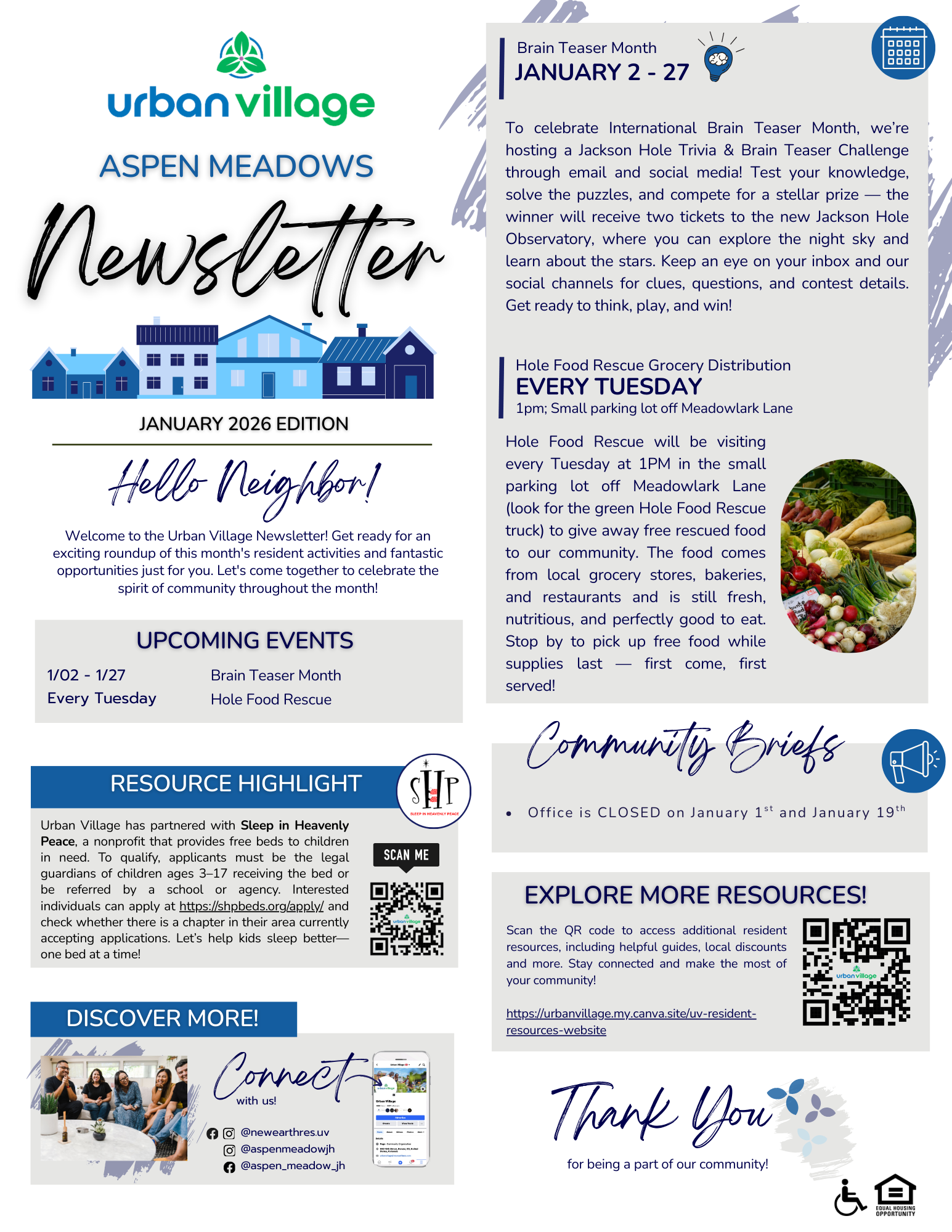 Newsletter for Aspen Meadows community, featuring events and resources for January 2026, including Brain Teaser Month and grocery distribution information.