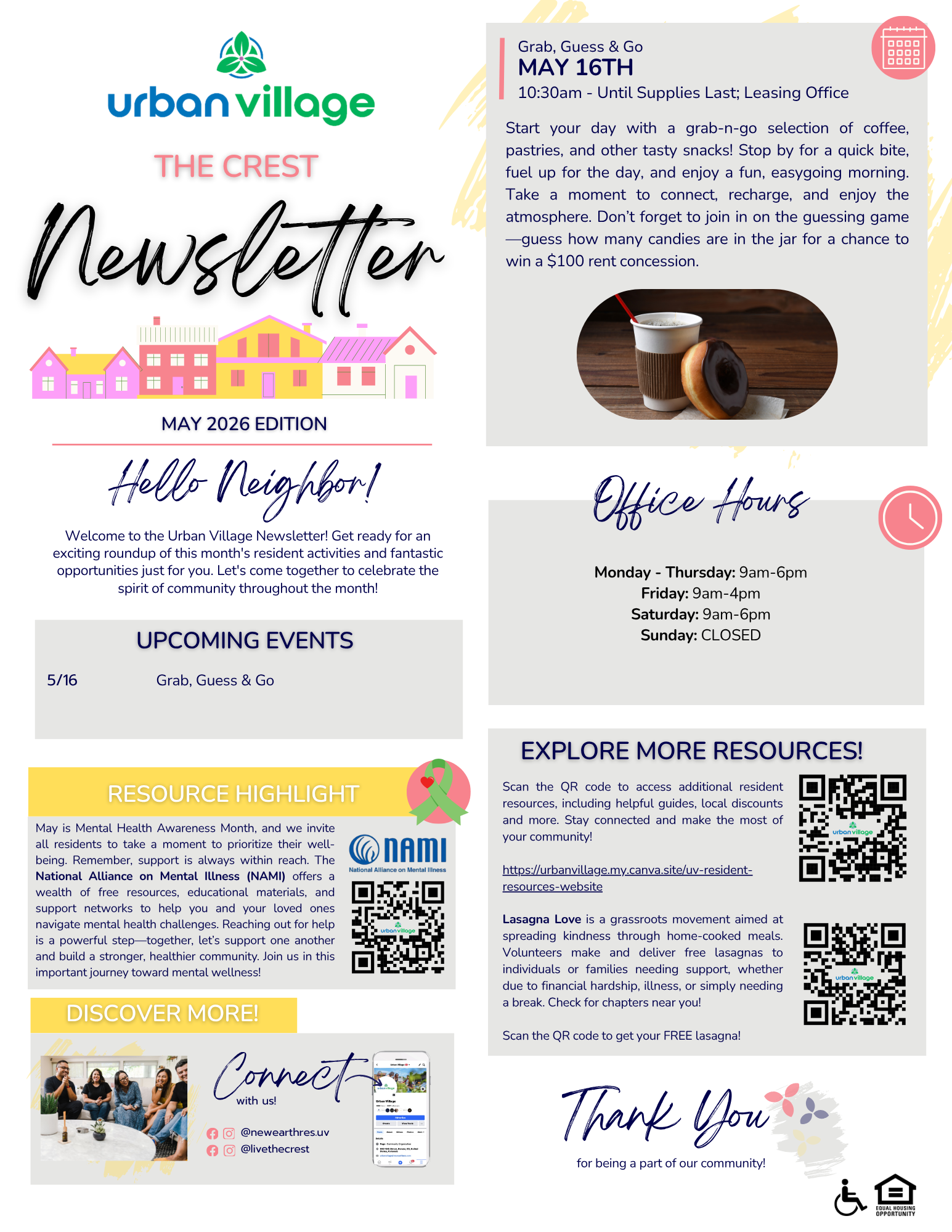 A newsletter from Urban Village titled 'The Crest Newsletter' for May 2026. It includes information about upcoming events, office hours, and resources for residents.