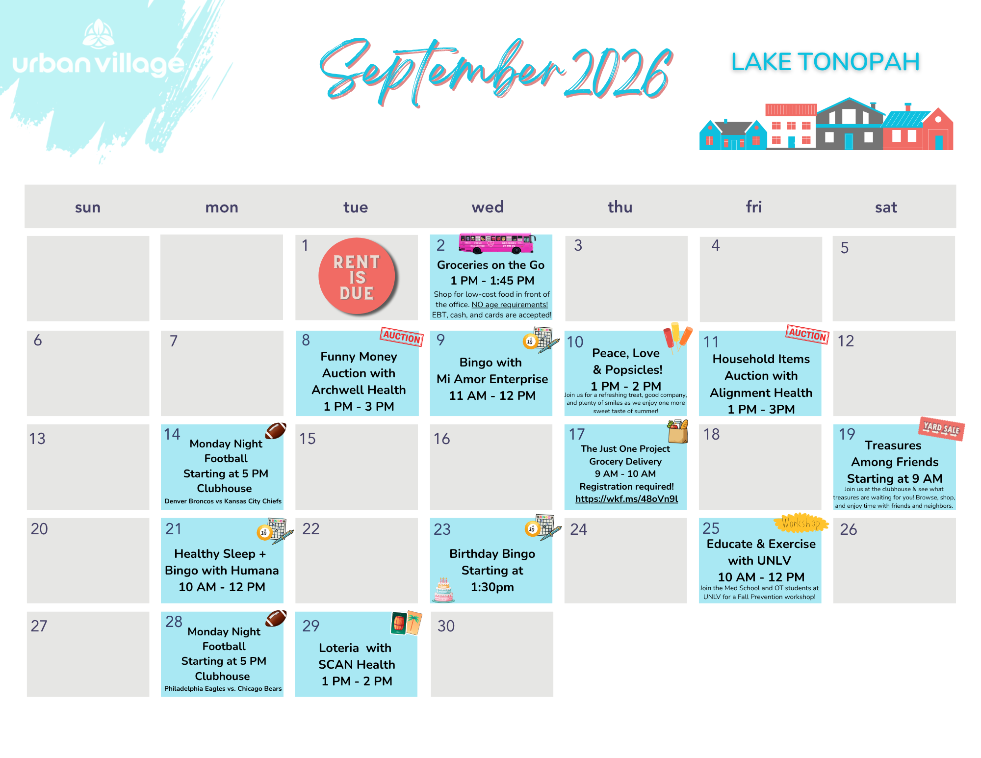 A colorful calendar for September 2026 for Lake Tonopah displaying various community events and activities.