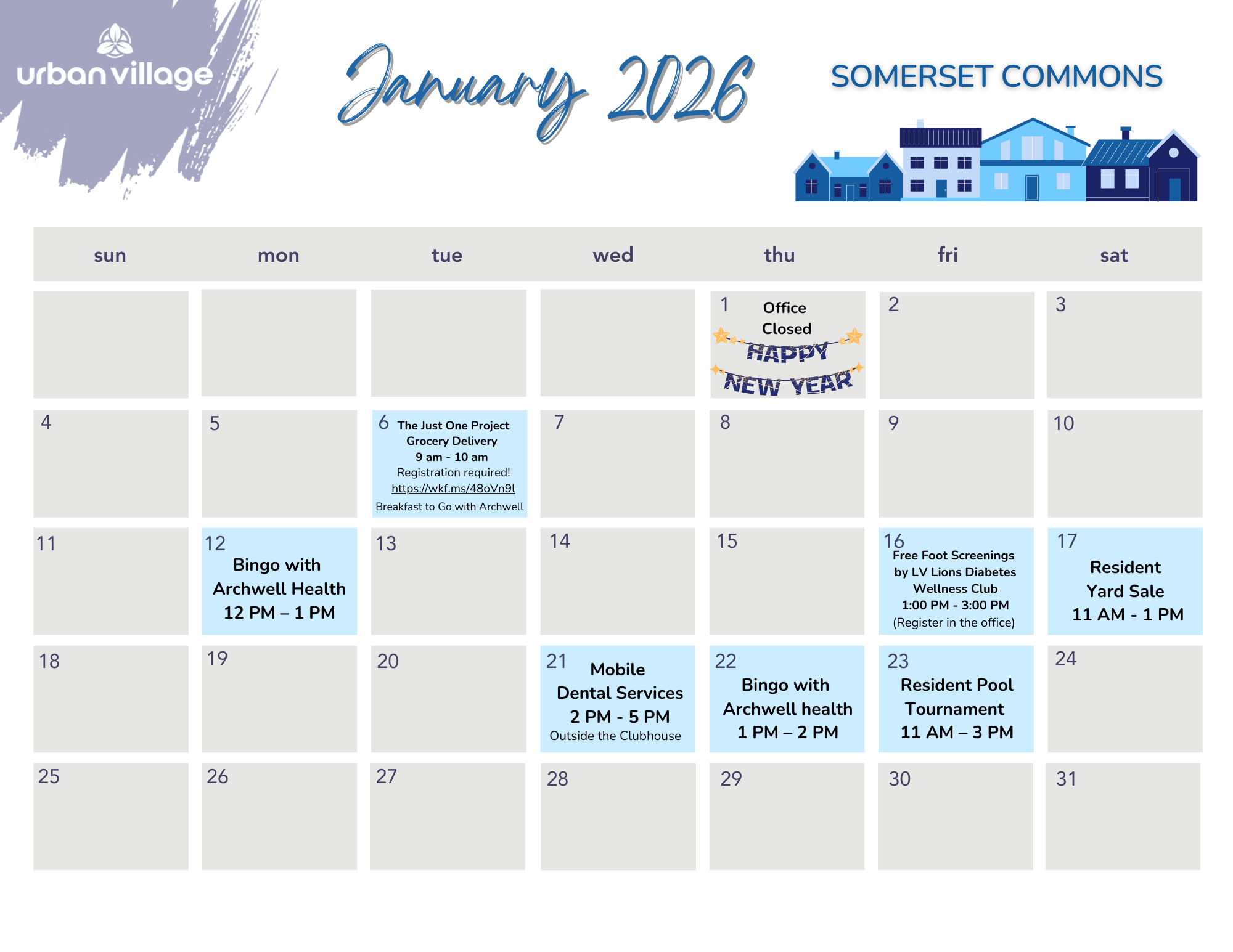 Calendar for January 2026 featuring events at Somerset Commons.