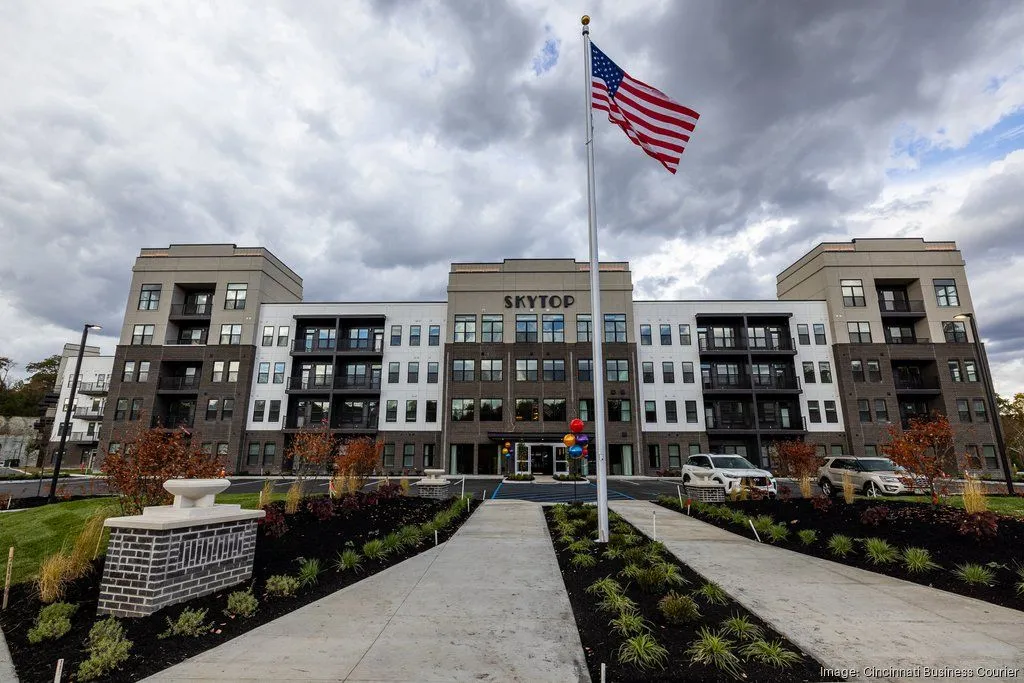 Exterior view of a modern apartment building labeled 'SKYTOP' with a flag in front and landscaped walkway.