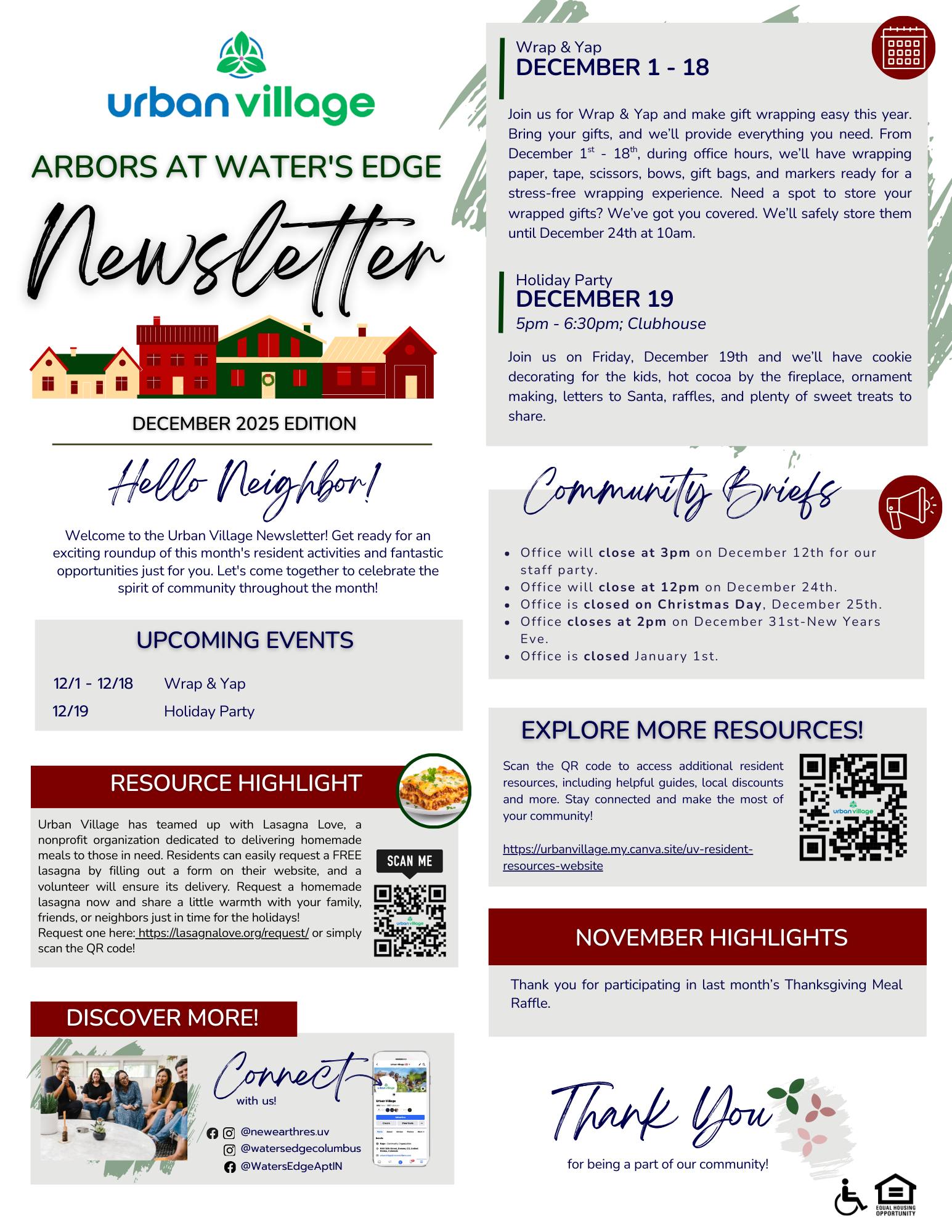 A colorful community newsletter detailing upcoming events, news, and resources for residents of Urban Village: Arbors at Water's Edge, December 2025 edition.