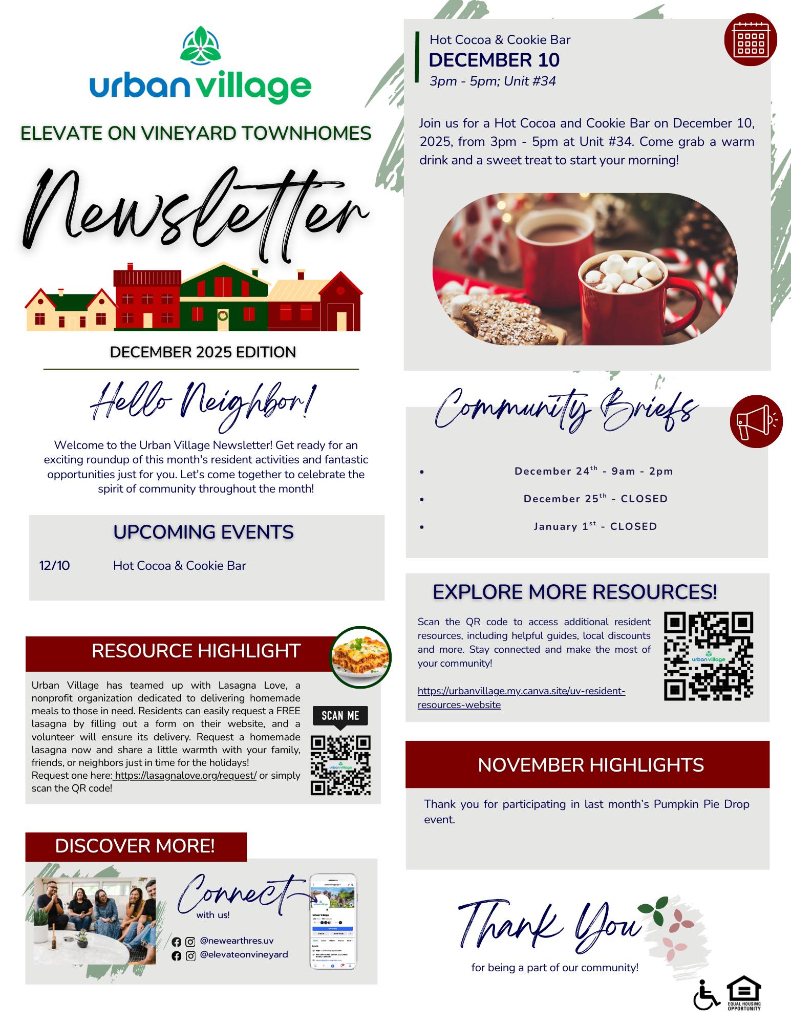 A newsletter from Urban Village for December 2025, including an announcement of a Hot Cocoa and Cookie Bar event, community briefs, resource highlights, and a thank you note for participation in a pumpkin pie contest.