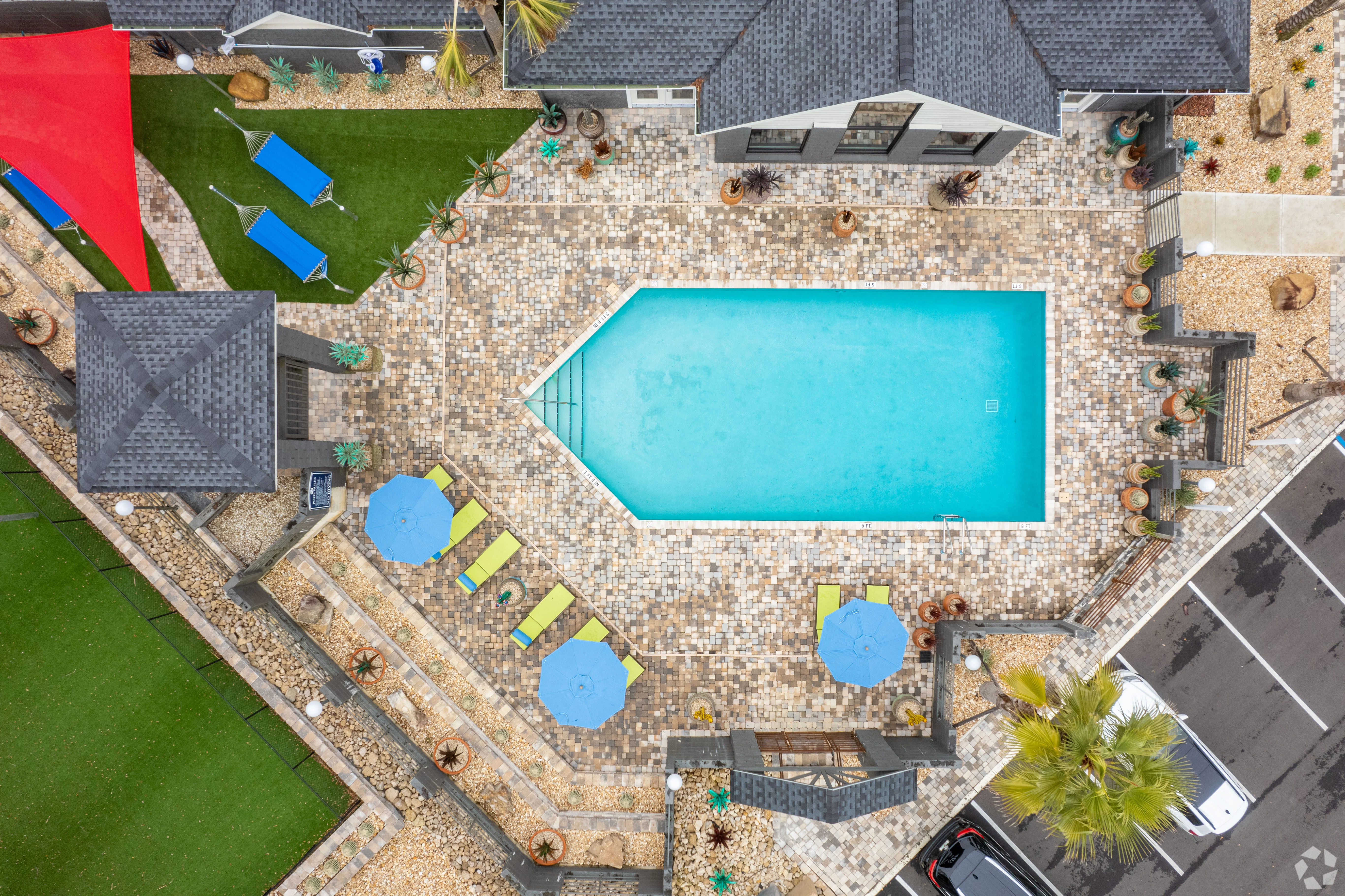 The Riley Aerial view of The Riley's outdoor pool