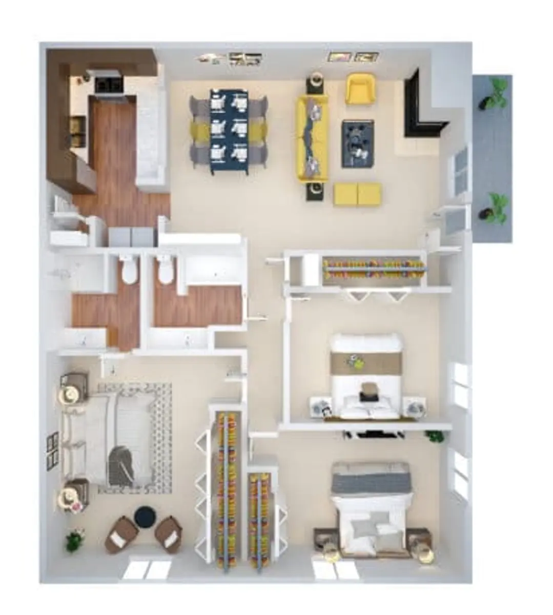 A 3D floor plan of an apartment showing a bedroom, living room, kitchen, dining area, bathroom, and balcony with modern furnishings.