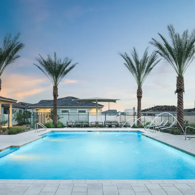 A serene outdoor pool surrounded by palm trees, with lounge chairs and a beautiful sunset sky in the background.
