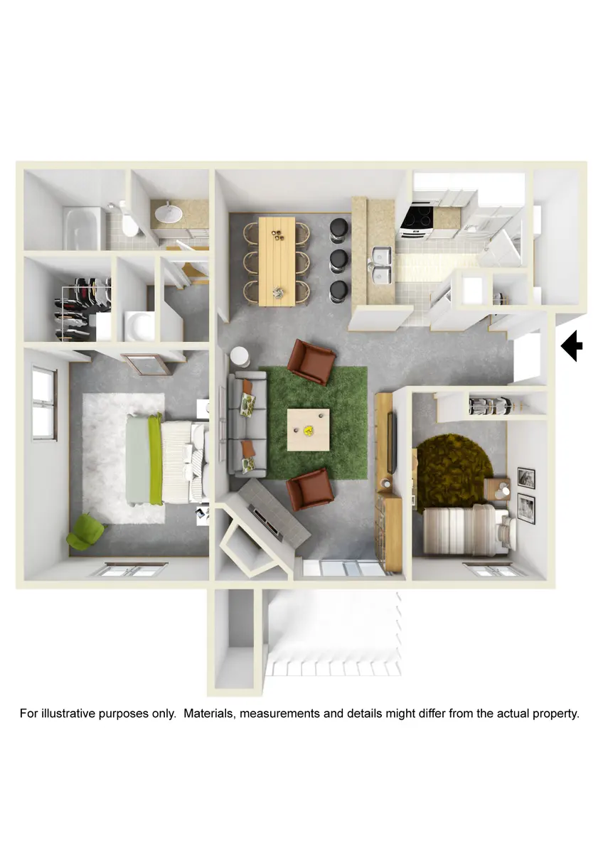 A 3D floor plan of an apartment with 2 bedrooms, living room, kitchen, dining area, bathroom, and a balcony. Furniture is included for reference.
