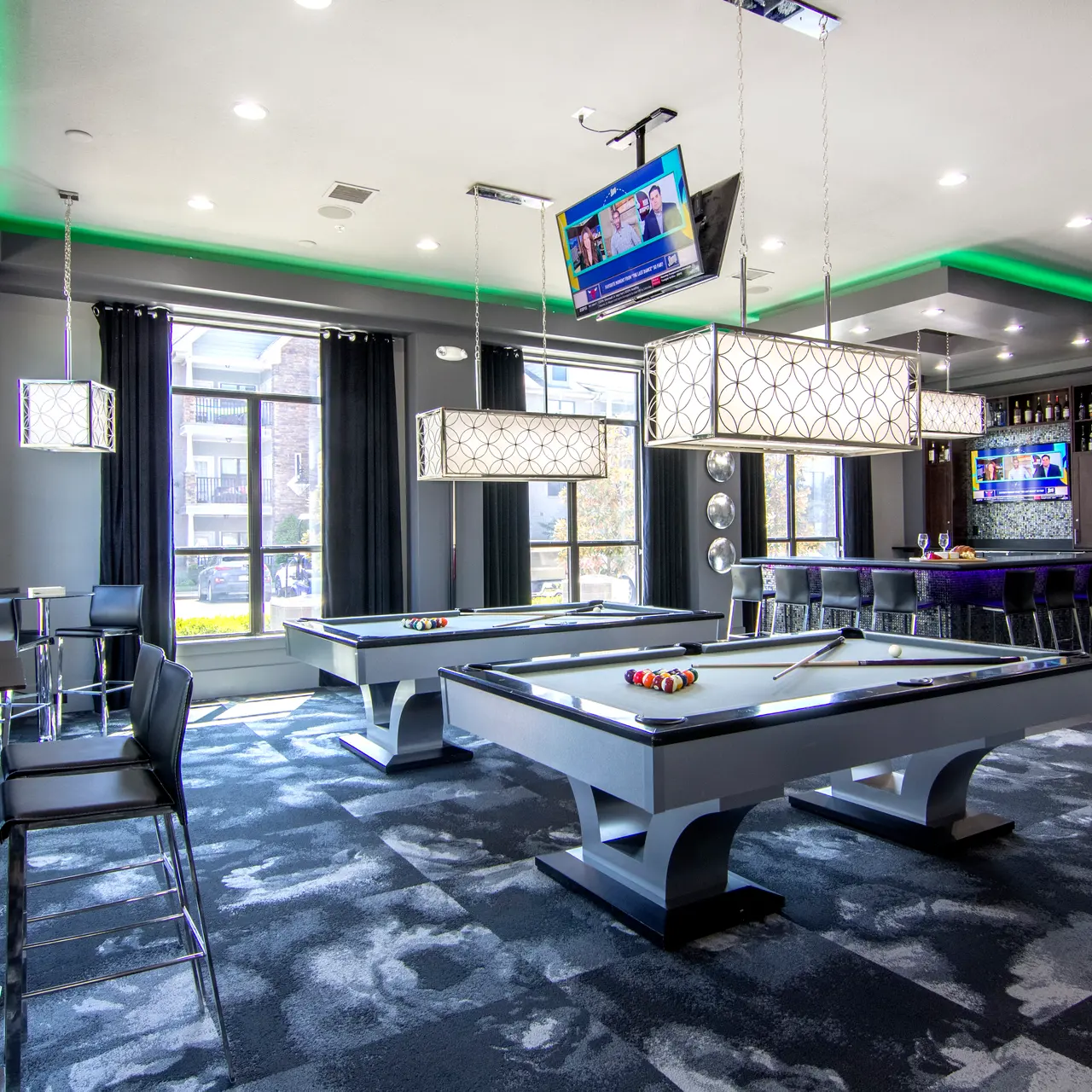 The Pointe Brodie Creek Apartments has a Billiards Lounge with two pool tables and tabletop board games.