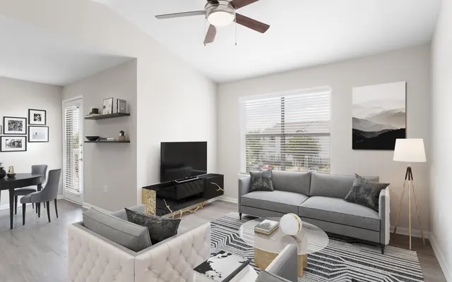 Kenwood Club at the Park living room and dining area with sofa sets, TV and ceiling fan - Ceiling Fan, Appliance, Furniture