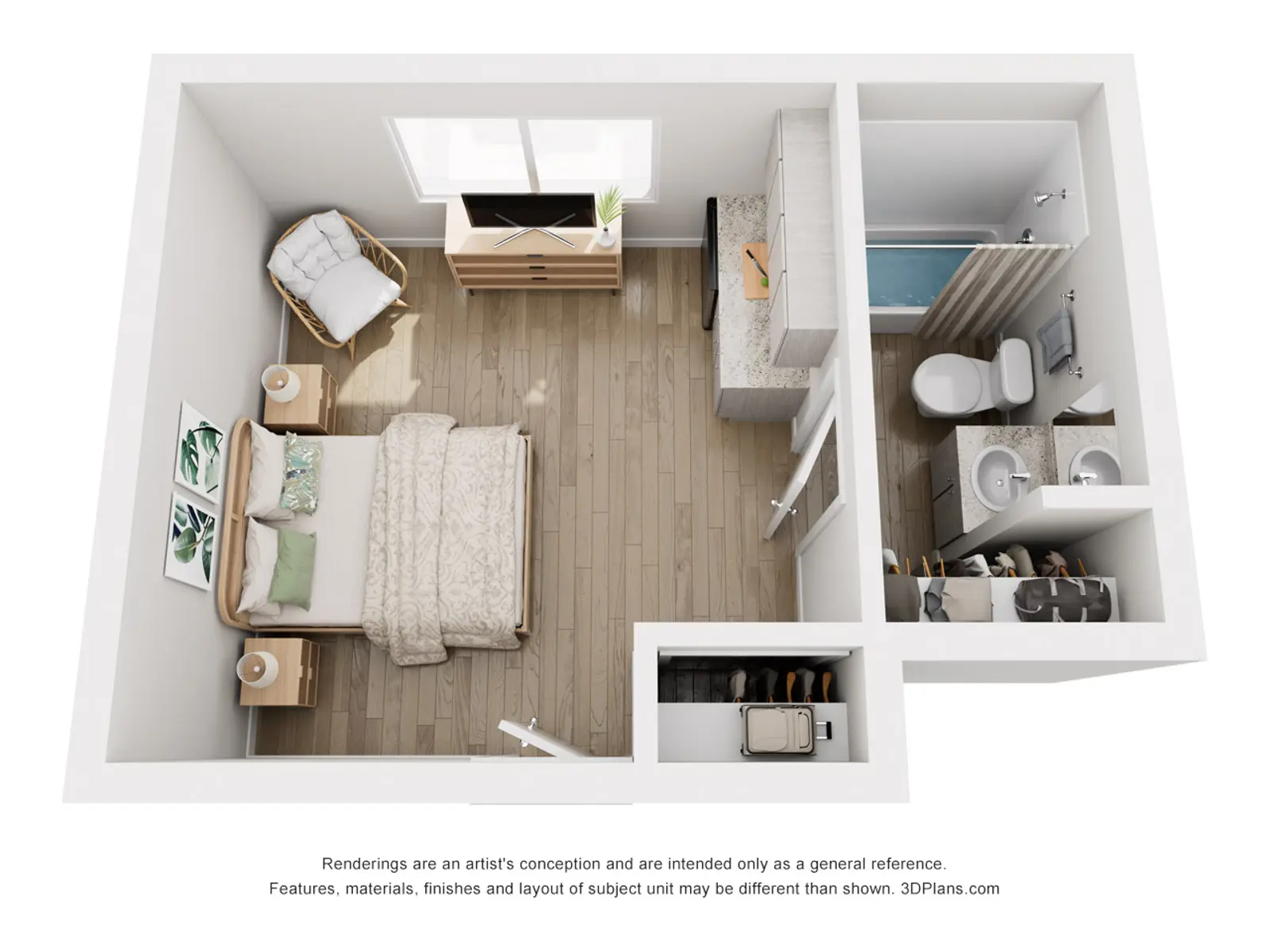 Detailed floorplan of a studio apartment, showcasing an efficient open layout with modern amenities