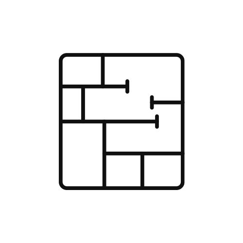 Black outline of a grid layout with different sections and arrows indicating paths or movement within the grid.