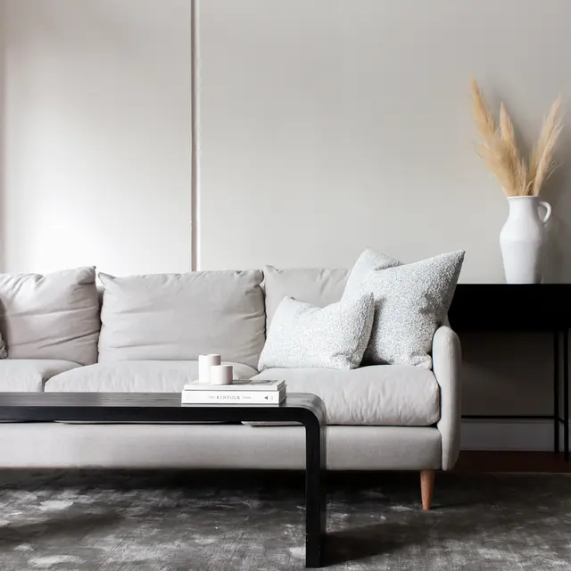 A modern living room featuring a light-colored sofa with decorative pillows, a black coffee table, and a vase with tall dried plants.