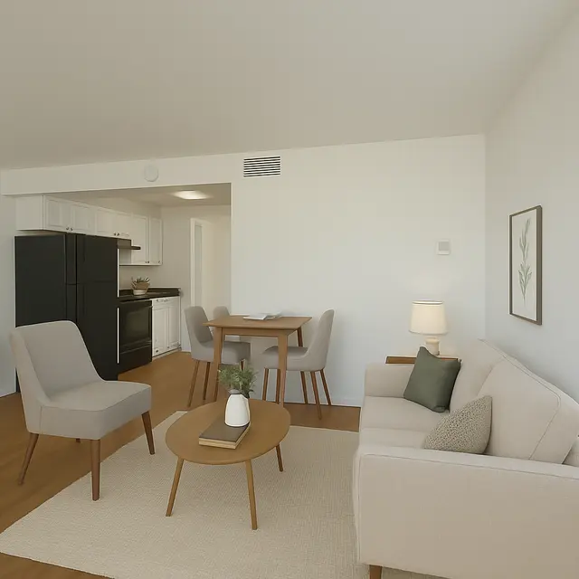 Modern Apartment Living Room A modern living room featuring a sofa, coffee table, and two chairs, with an open view to a dining area and kitchen.