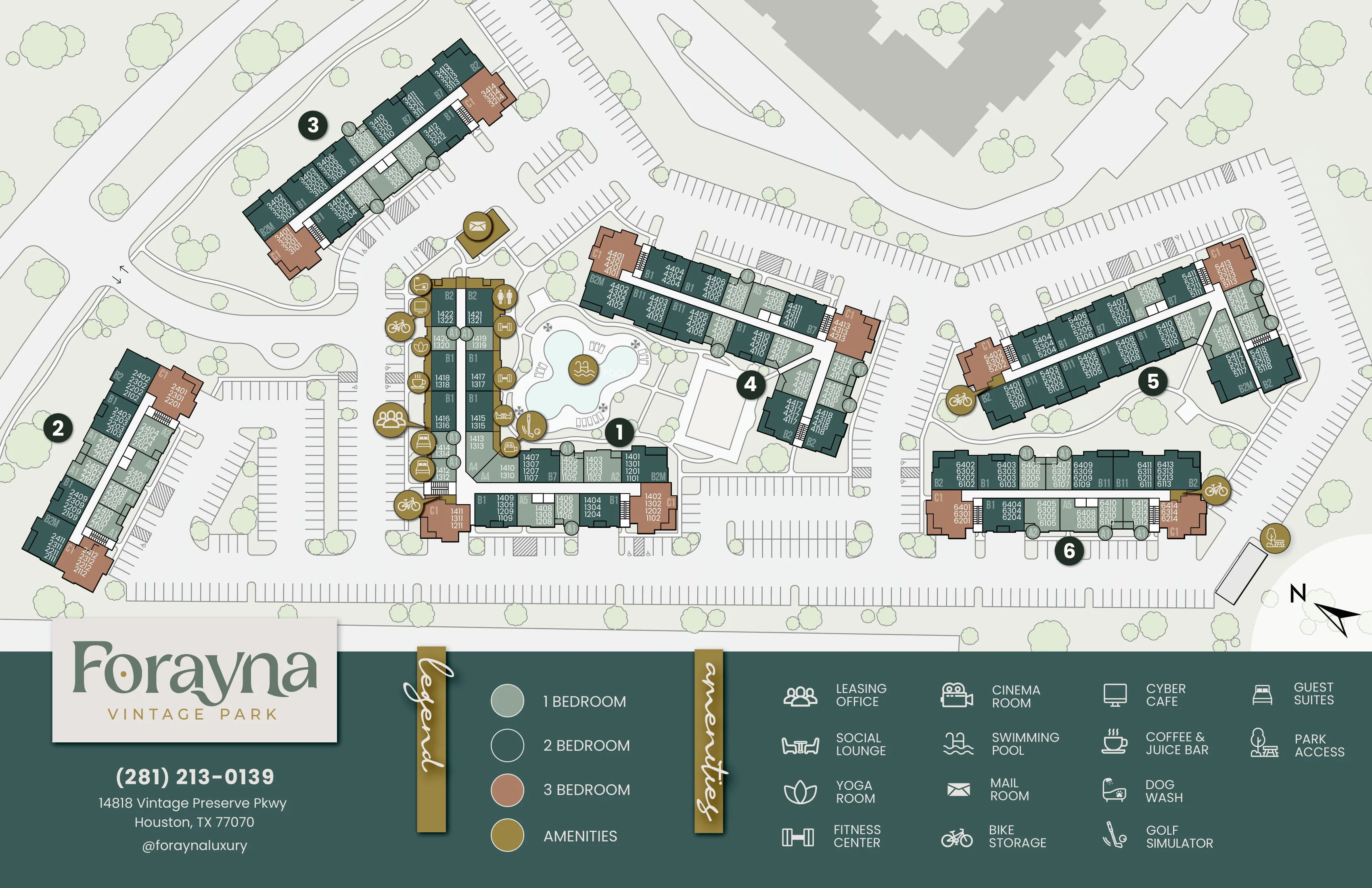 Site map of Forayna Vintage Park showing layout of buildings, unit types, and amenities.
