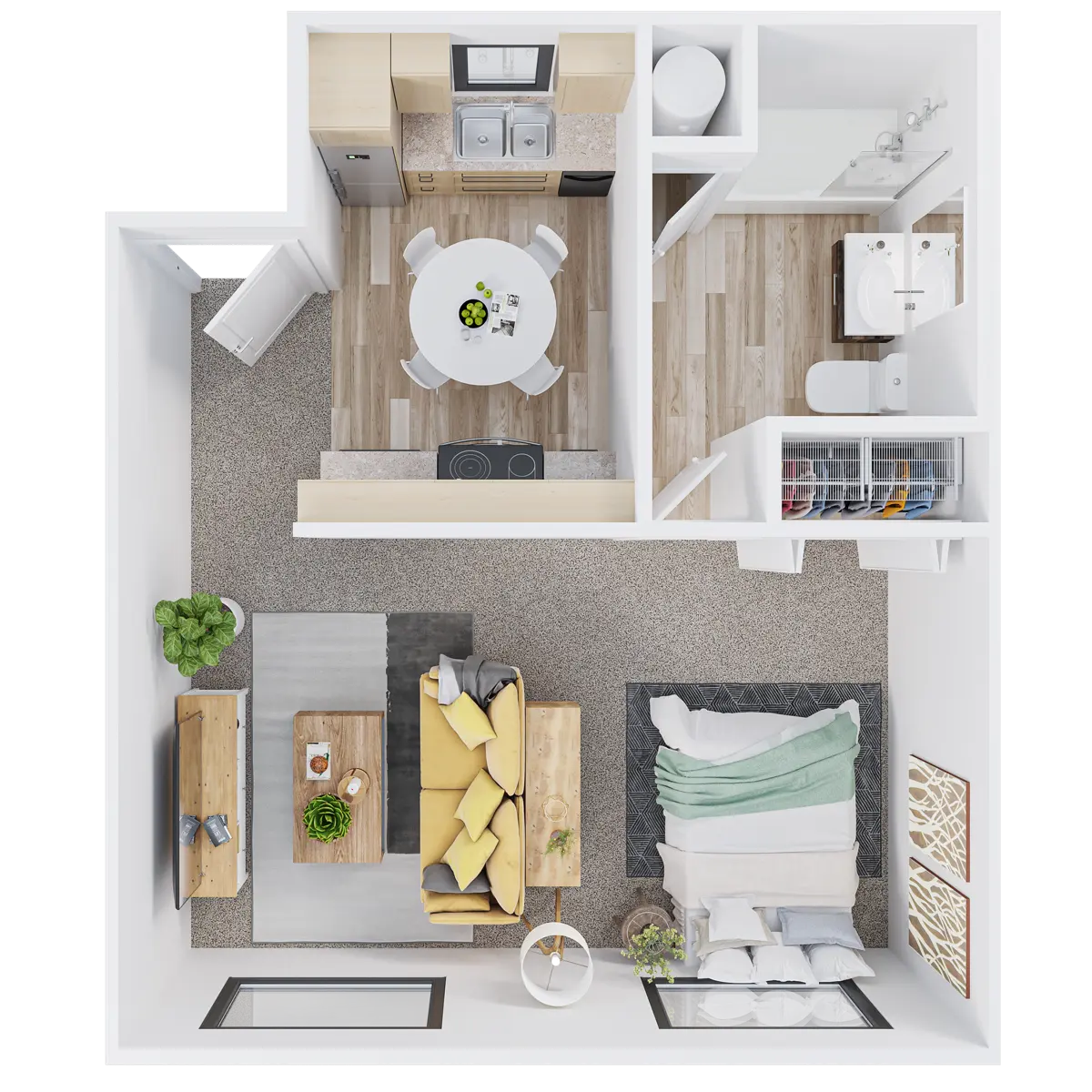 Compact Apartment Layout Design An overhead view of a small apartment layout, featuring a living area, dining space, kitchen, and bathroom.