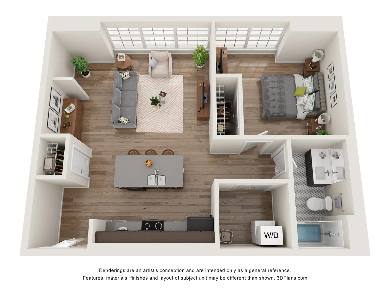 One Bedroom Apartment Floor Plan – The Woodrow Fargo 3D floor plan of a one-bedroom apartment at The Woodrow in Fargo, ND, showing kitchen island, living room, bedroom, and bathroom with washer/dryer