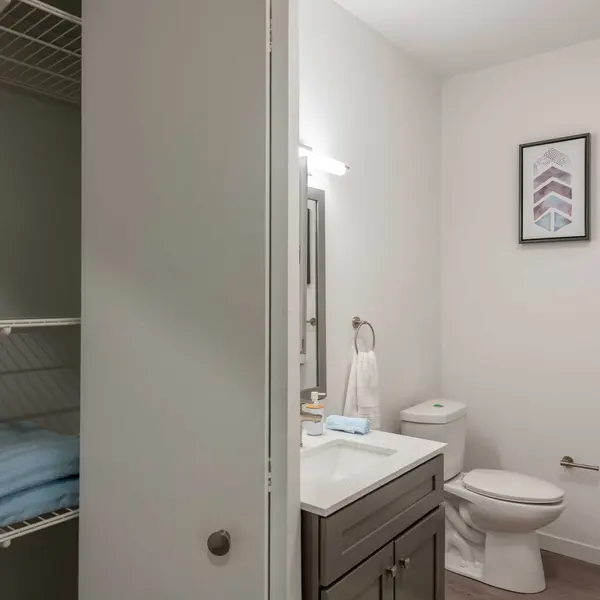 A modern bathroom featuring a sink with a large mirror, a toilet, and a closet with neatly stacked blue towels. Wall art is displayed above the sink area.
