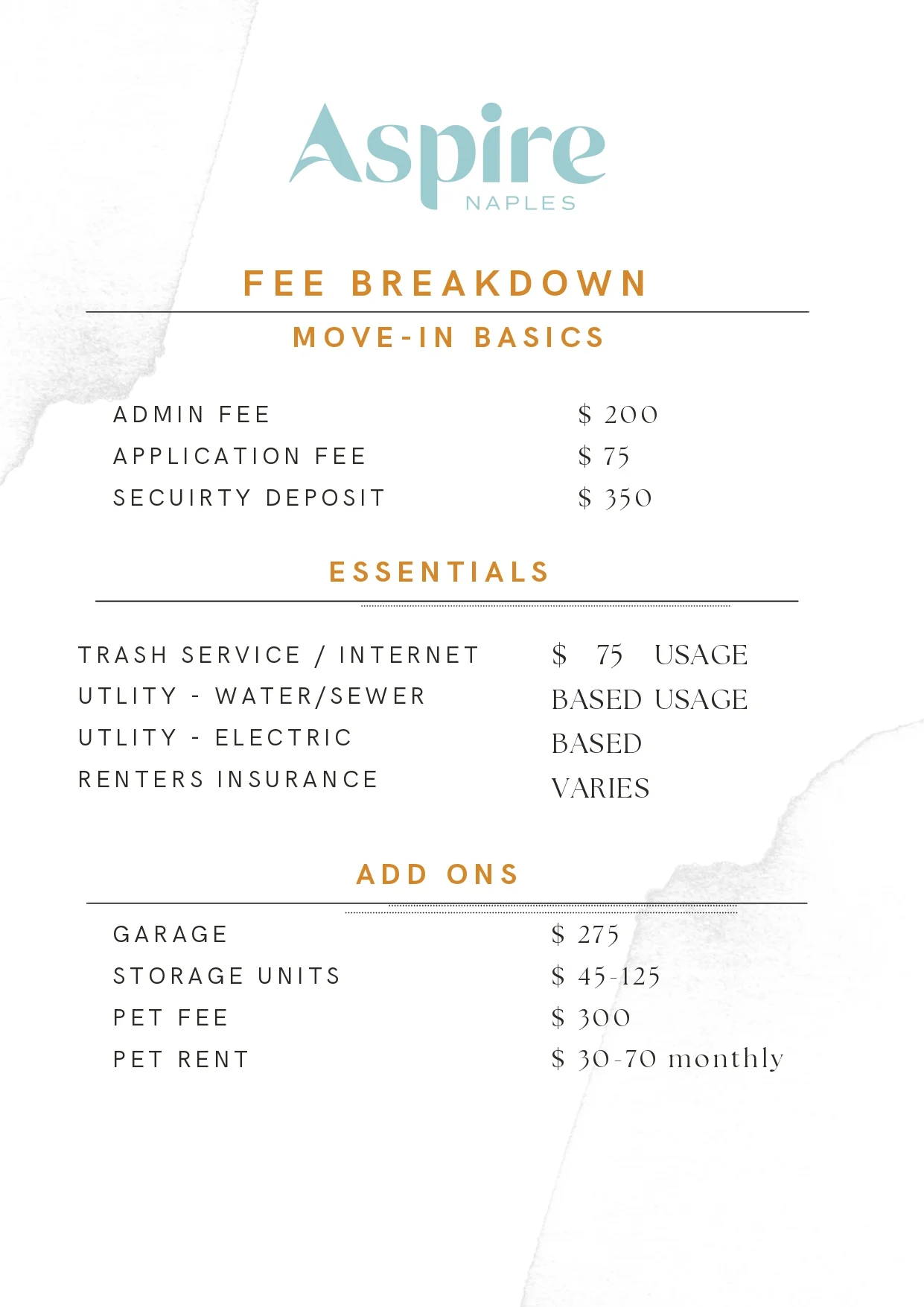 A fee breakdown document for Aspire Naples outlining move-in basics, essential charges, and add-ons. Move-in basics include admin fee, application fee, and security deposit. Essentials include trash service, utilities, and renter's insurance. Add-ons include garage, storage units, pet fee, and pet rent.