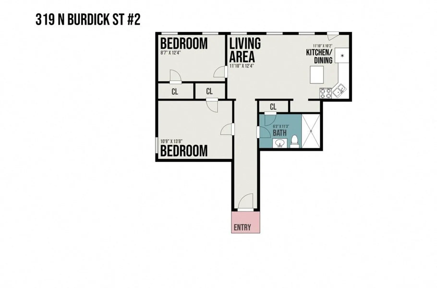 Apartment Floor Plan at 319 N Burdick St #2 Floor plan of an apartment featuring two bedrooms, a living area, kitchen/dining area, and a bathroom.