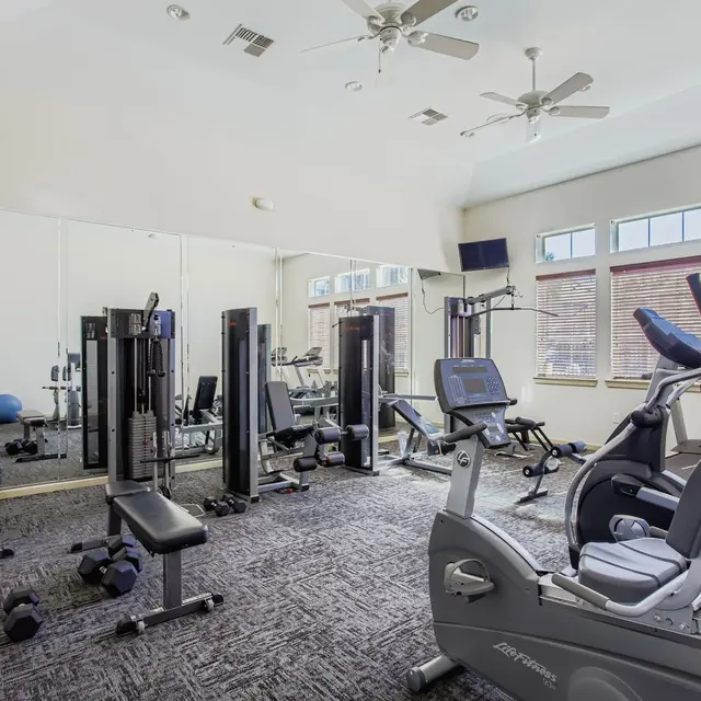 A spacious gym equipped with workout machines, free weights, and large mirrors. The facility features a treadmill, stationary bike, weight machines, and a cable machine. Natural light streams in through windows, and a TV is mounted on the wall, providing a welcoming atmosphere for exercise.