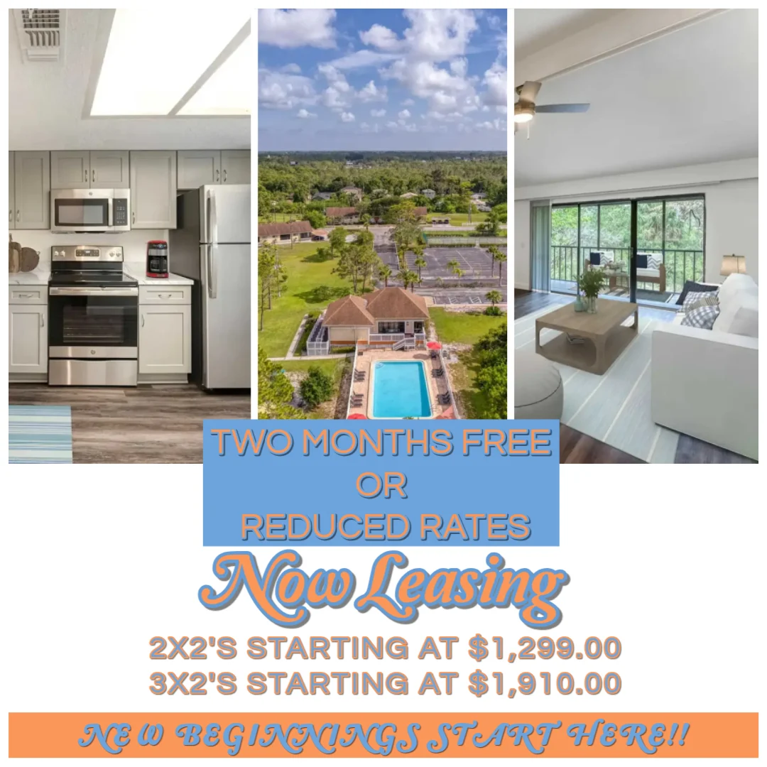 Promotional advertisement for apartments with images of kitchen, pool area, and living room.
