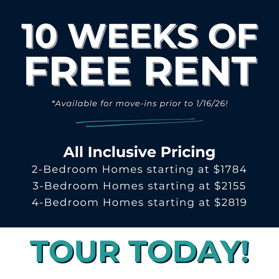 Promotional flyer offering 10 weeks of free rent for homes, with pricing details for different types of homes.