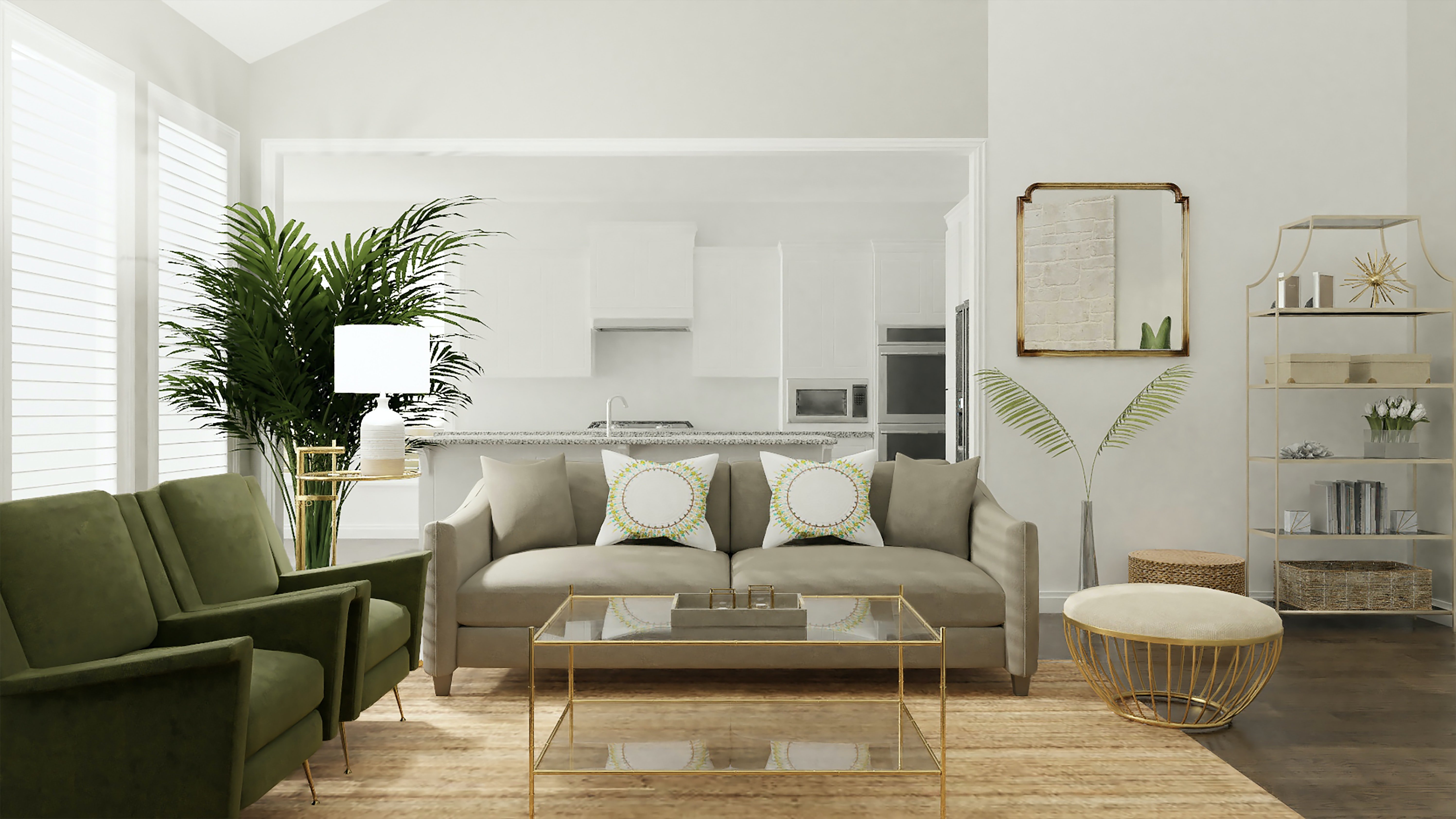 Contemporary Living Room Design A modern living room with green chairs, a beige sofa, a glass coffee table, and a decorative plant.
