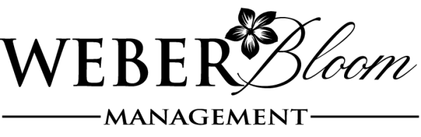 Logo design featuring the text 'WEBER Bloom MANAGEMENT' with a flower graphic element.