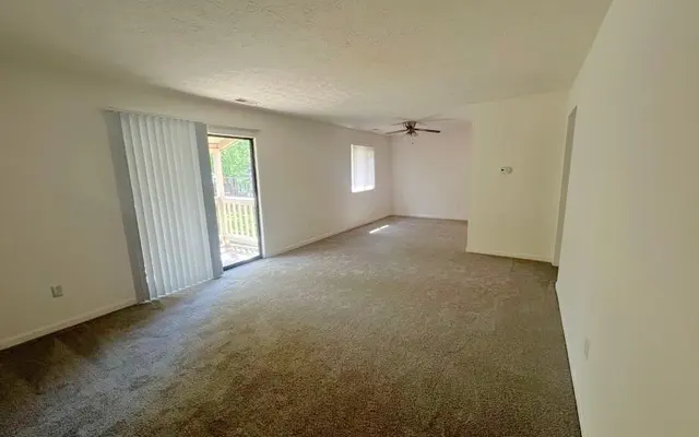 Spacious Empty Living Room A spacious, empty living room featuring beige carpet, light-colored walls, and a sliding glass door that leads outside. Natural light floods the room, which has a ceiling fan and a single window.