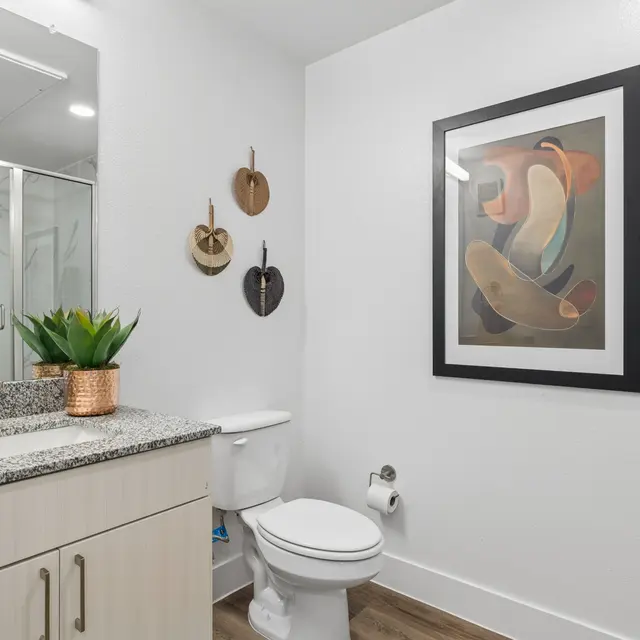 Modern Bathroom Interior A stylish modern bathroom featuring a granite countertop sink, a white toilet, and a walk-in shower. Decorative items include wall art and greenery in a pot.