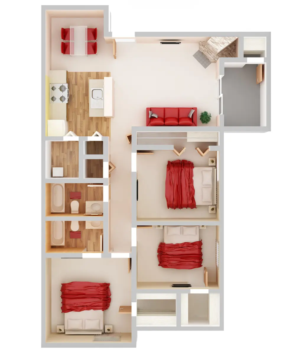 A layout of a house featuring three bedrooms, a living room, a kitchen, and two bathrooms, with a modern design and furniture.