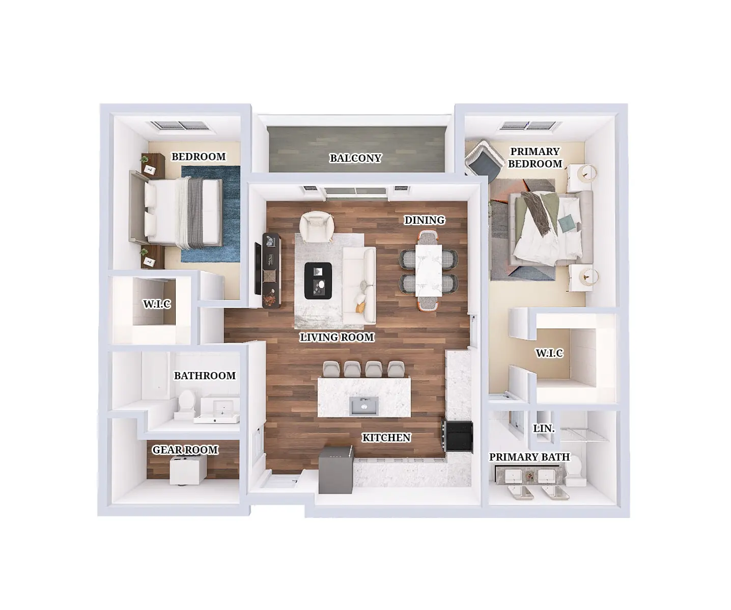 Apartment Floor Plan Overview A 2D layout of an apartment with labeled rooms including a living room, dining area, kitchen, primary bedroom, balcony, and bathroom. The layout shows various areas for sleeping, dining, and relaxing.