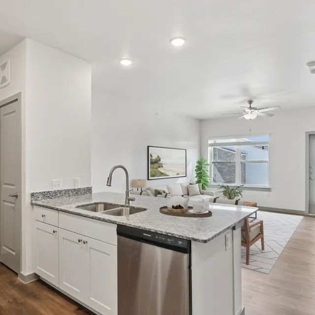 Interior of a modern apartment showcasing an open kitchen and living area with natural light.