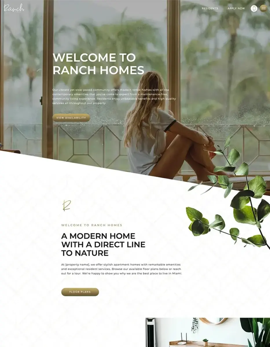 Ranch Homes Website Website homepage for Ranch Homes featuring a welcoming message and a modern design with large windows and greenery.