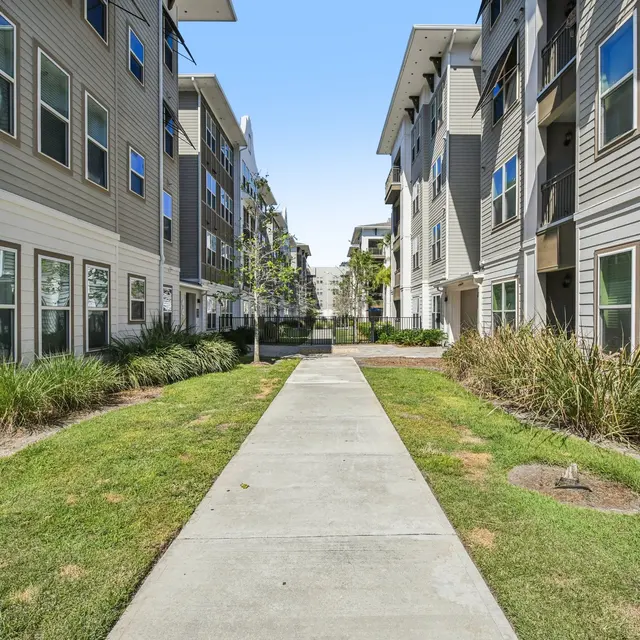 A landscaped pathway between modern apartment buildings featuring green grass and plants on either side.